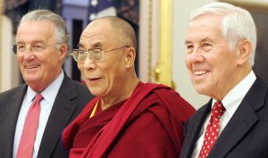 His Holiness the Dalai Lama (C) with Sen. Richard Lugar (R) and Sen. Paul Sarbanes (L) on Capitol Hill, Washington in 2005. Photo - TIM SLOAN_AFP_Getty Images