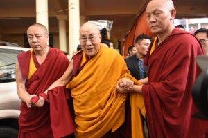 The Dalai Lama arrives at the Thekchen Choling temple for the inaugural scholarly conference on kalachakra on Sunday, May 5, 2019. Phayul photo- Kunsang Gashon