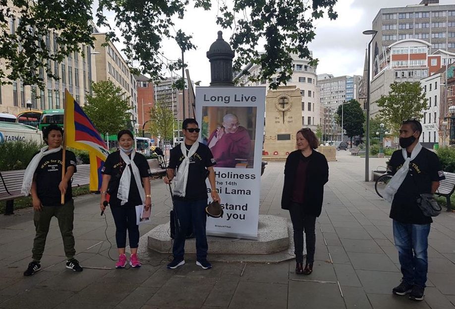 Four Tibetan marchers with MP Kerry McCarthy at the Peace March commencement event in Bristol (Facebook)