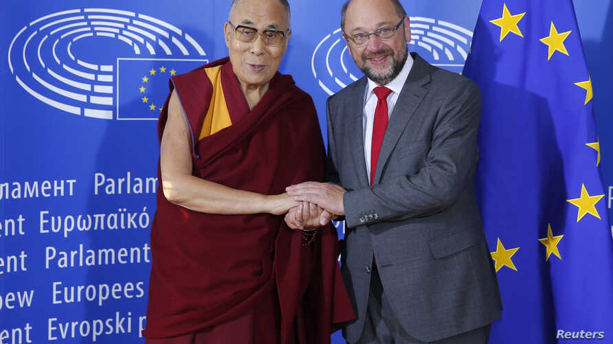 HH the Dalai Lama is welcomed by European Parliament president Schulz in Strasbourg in September 2016 (Reuters)