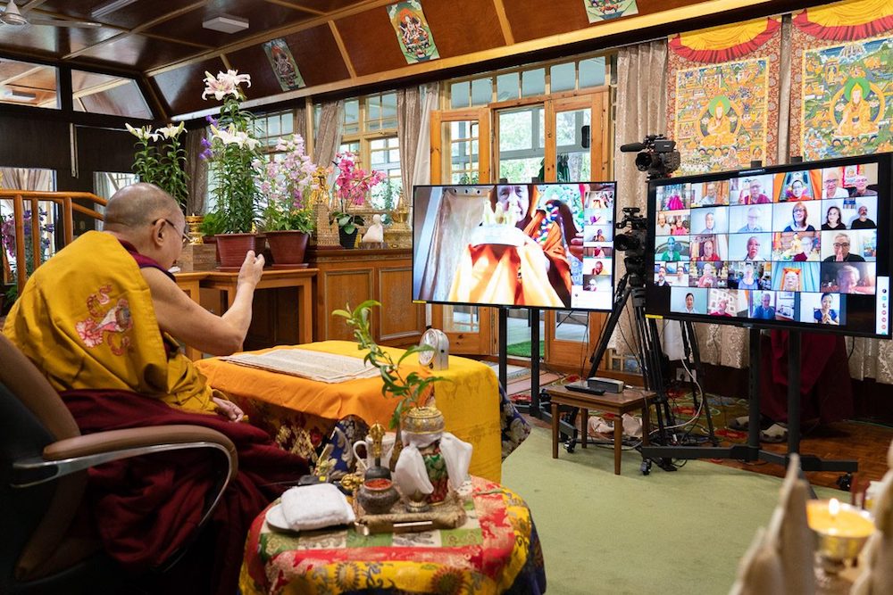 His Holiness the Dalai Lama during the online Avalokiteshvara empowerment at his residence in Dharamshala (Photo- OHHDL)