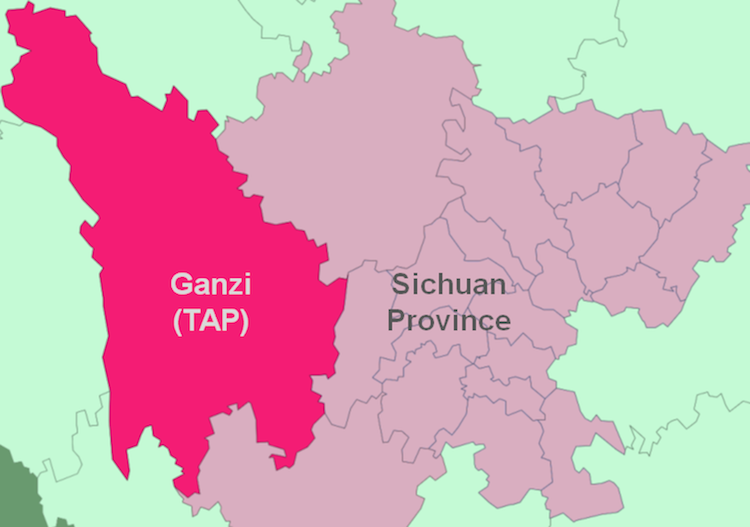 Map of Kardze Tibetan Autonomous Prefecture in the so called Sichaun Province in occupied Tibet. (freetibet.org)
