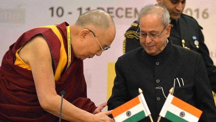 The Dalai Lama and the late former President of India Pranab Mukherjee at the Rashtrapati Bhavan in New Delhi on Dec 10 2016 (OHHDL)