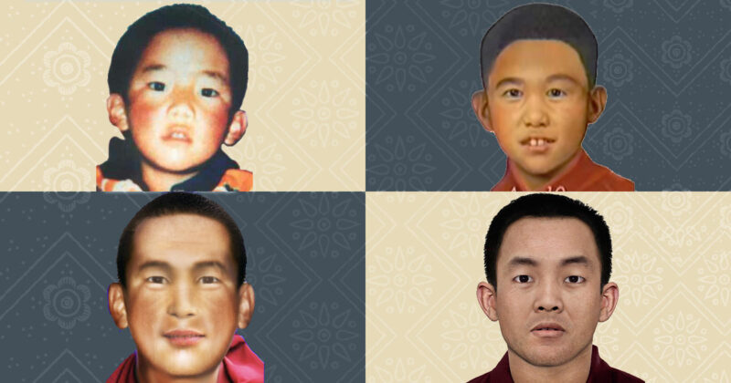 The original photograph of the Panchen Lama, along with age progressions at ages 10, 26, and 30 (ITN)