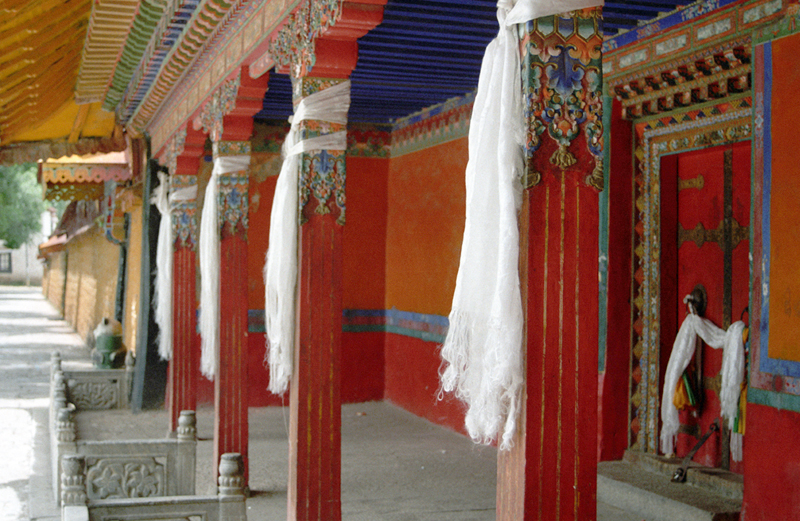 White scarfs tied on wooden pillars in the corridors of the Norbulinga palace in Lhasa (Photo- Vijay Kranti)