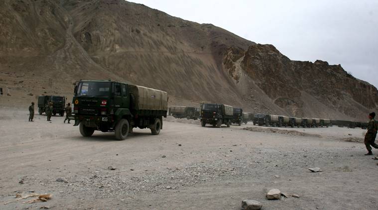 Army vehicles stop at a base camp in Leh (Photo Indian Express)